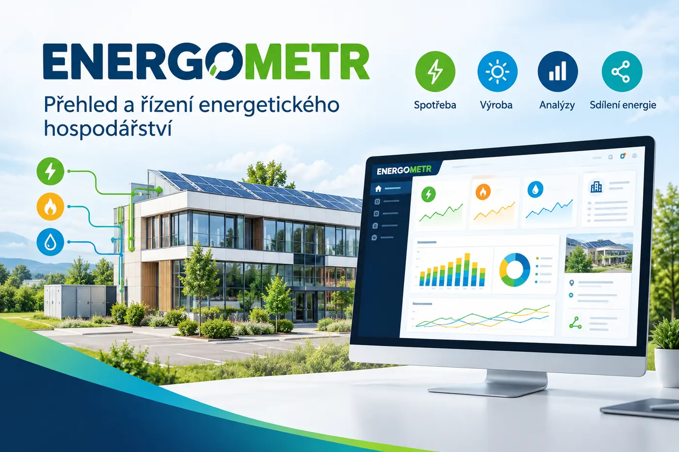 Grafika softwaru DEKSOFT Energometr: obecní budova se solárními panely a monitor s přehledem spotřeby energií