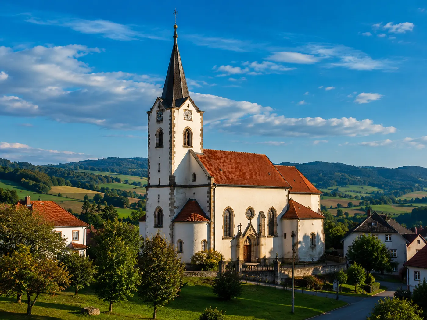 Katedrála s věží a červenou střechou